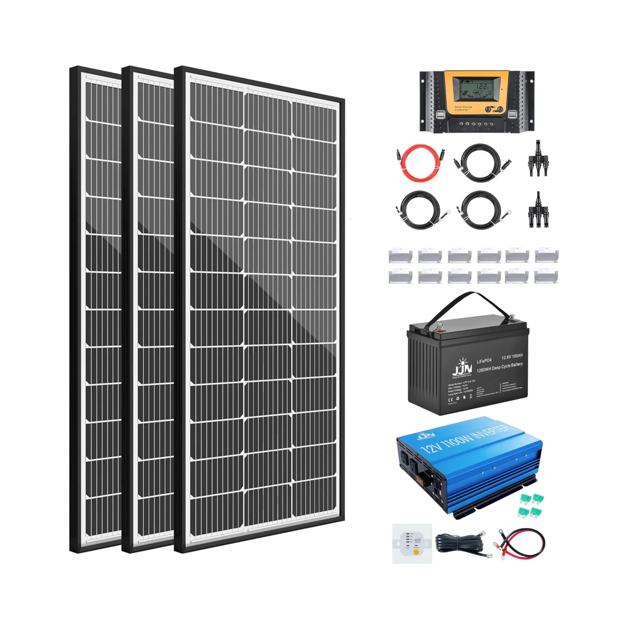 300W 12V Solar Panel Kit for RV, Trailer, Camper, Marine, Off Grid| 3pcs 100W Solar Panel, 40A PWM Solar Charge Controller,100Ah Lithium Battery + 1100W Power Inverter