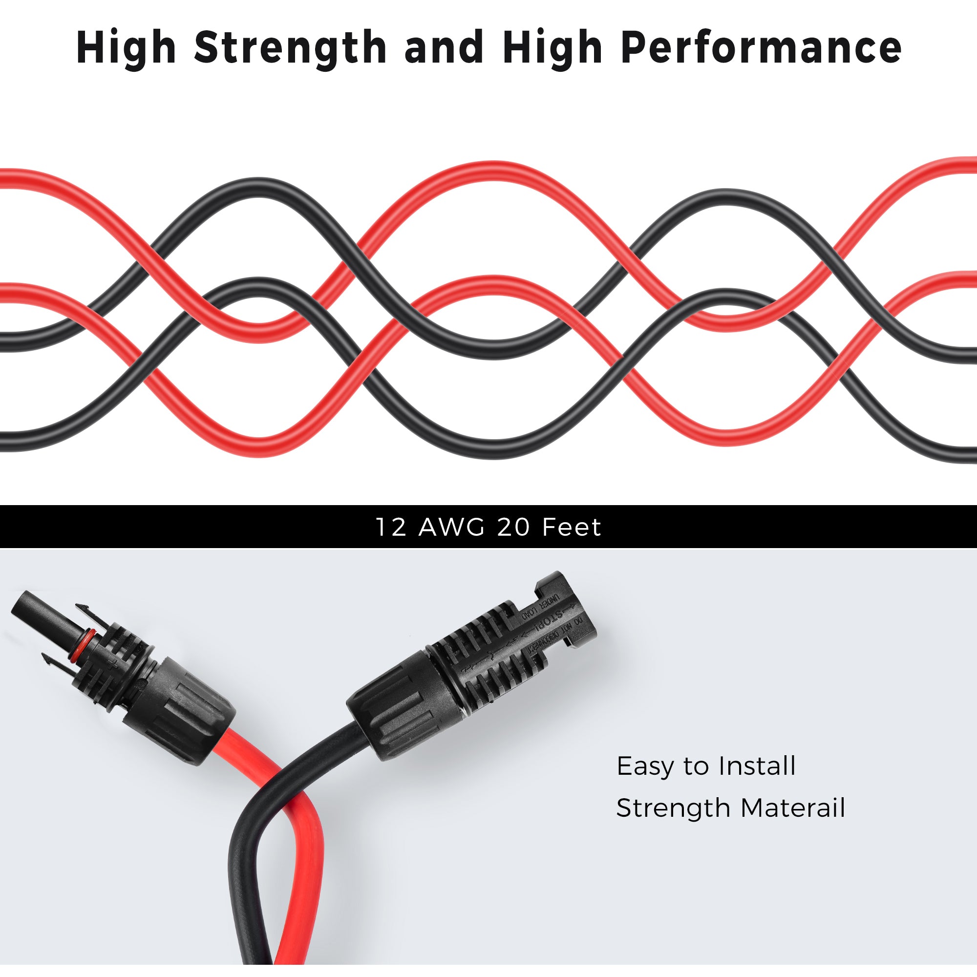 Solar Panel Extension Cable with Male to Female Solar Connectors 20Ft 12AWG