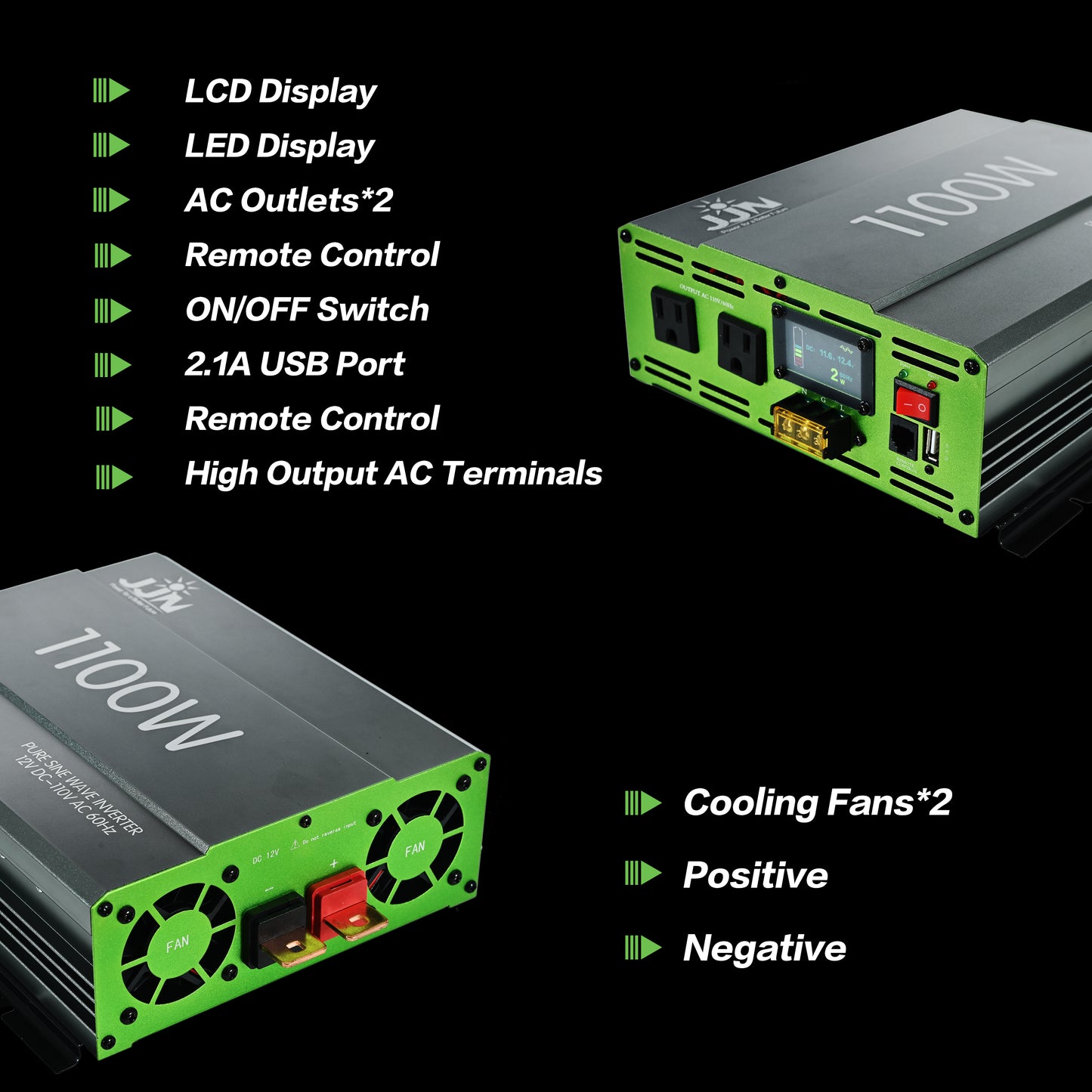 JJN 1100W Pure Sine Wave Inverter DC 12V to AC 110V/120V Convert with LCD Digital Displayer, Wired Remote Controller, Power Inverter for Off-Grid Solar System, RV, Truck, Marine, Home Backup Power