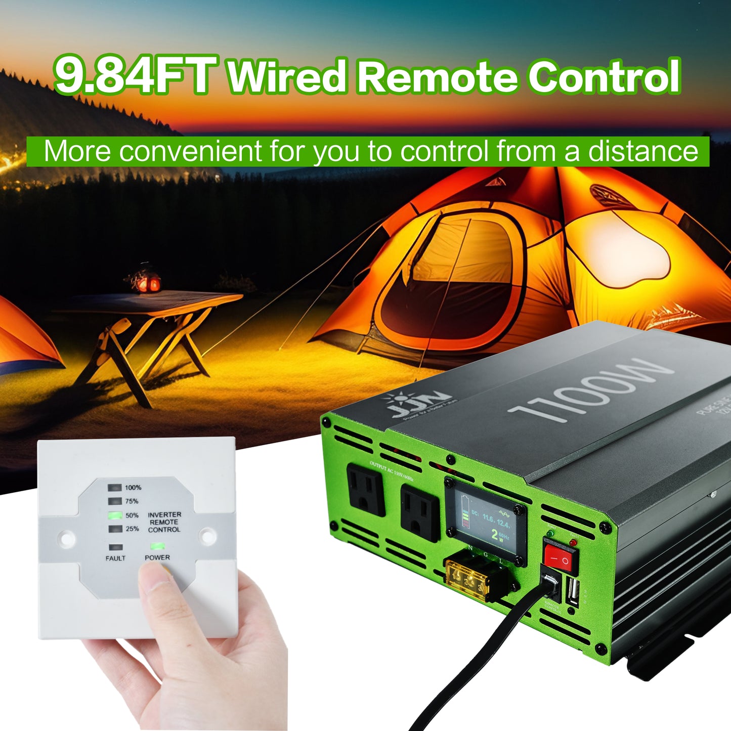 JJN 1100W Pure Sine Wave Inverter DC 12V to AC 110V/120V Convert with LCD Digital Displayer, Wired Remote Controller, Power Inverter for Off-Grid Solar System, RV, Truck, Marine, Home Backup Power
