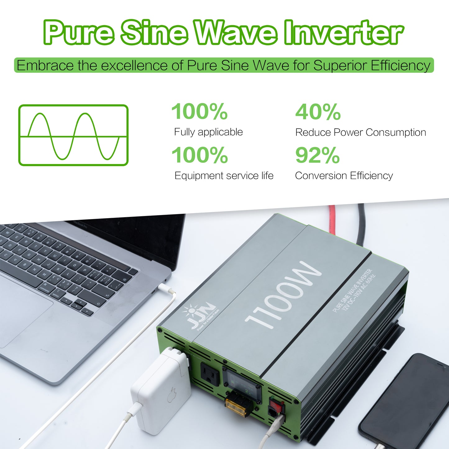JJN 1100W Pure Sine Wave Inverter DC 12V to AC 110V/120V Convert with LCD Digital Displayer, Wired Remote Controller, Power Inverter for Off-Grid Solar System, RV, Truck, Marine, Home Backup Power