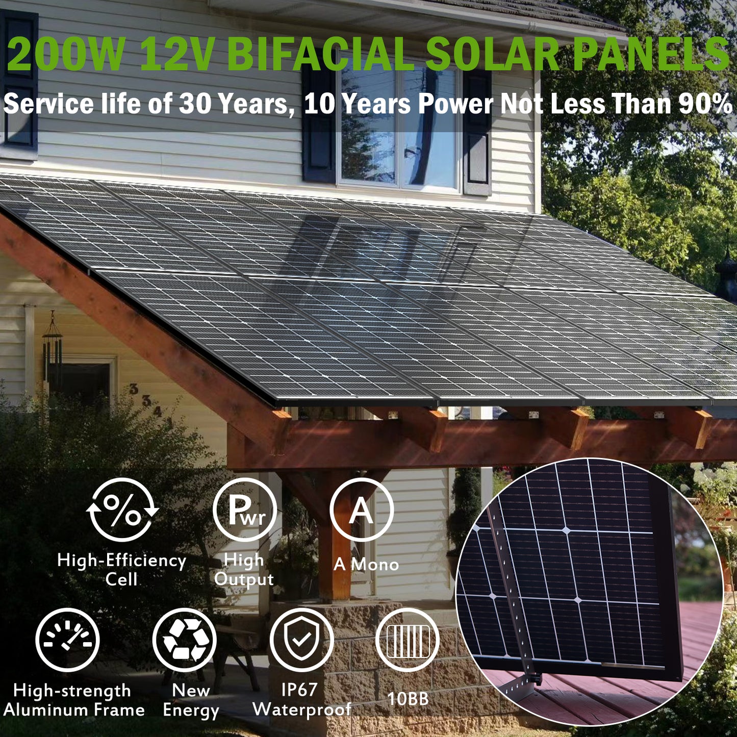 12V 200 Watt Bifacial  Solar Panel 10BB Mono High Efficiency Solar Panels
