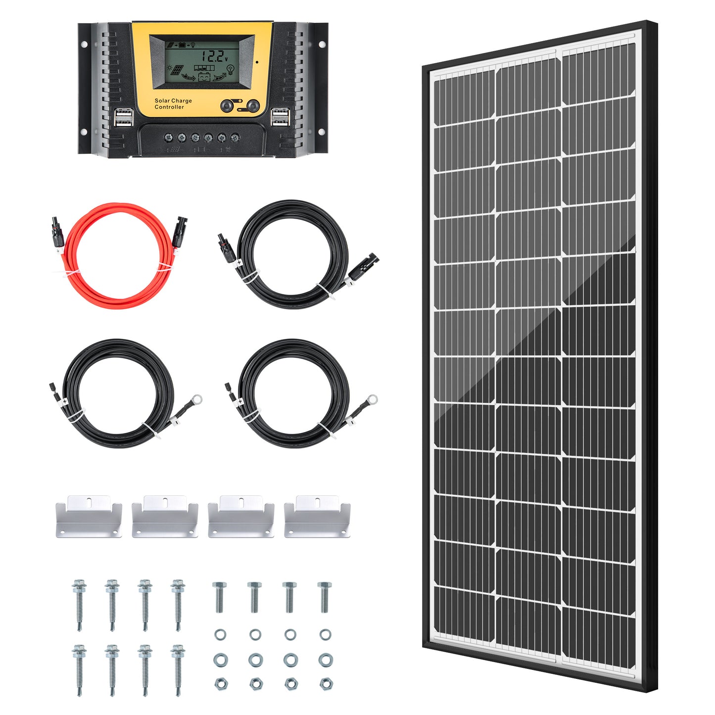 JJN 12 Volt 100 Watts Solar Panel Kit with High Efficiency 9BB Half-Cut Mono Solar Panel 20A PWM Charge Controller Mounting Brackets Cables for RV Camper Marine Boat Off Grid System