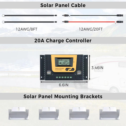 JJN 12 Volt 100 Watts Solar Panel Kit with High Efficiency 9BB Half-Cut Mono Solar Panel 20A PWM Charge Controller Mounting Brackets Cables for RV Camper Marine Boat Off Grid System