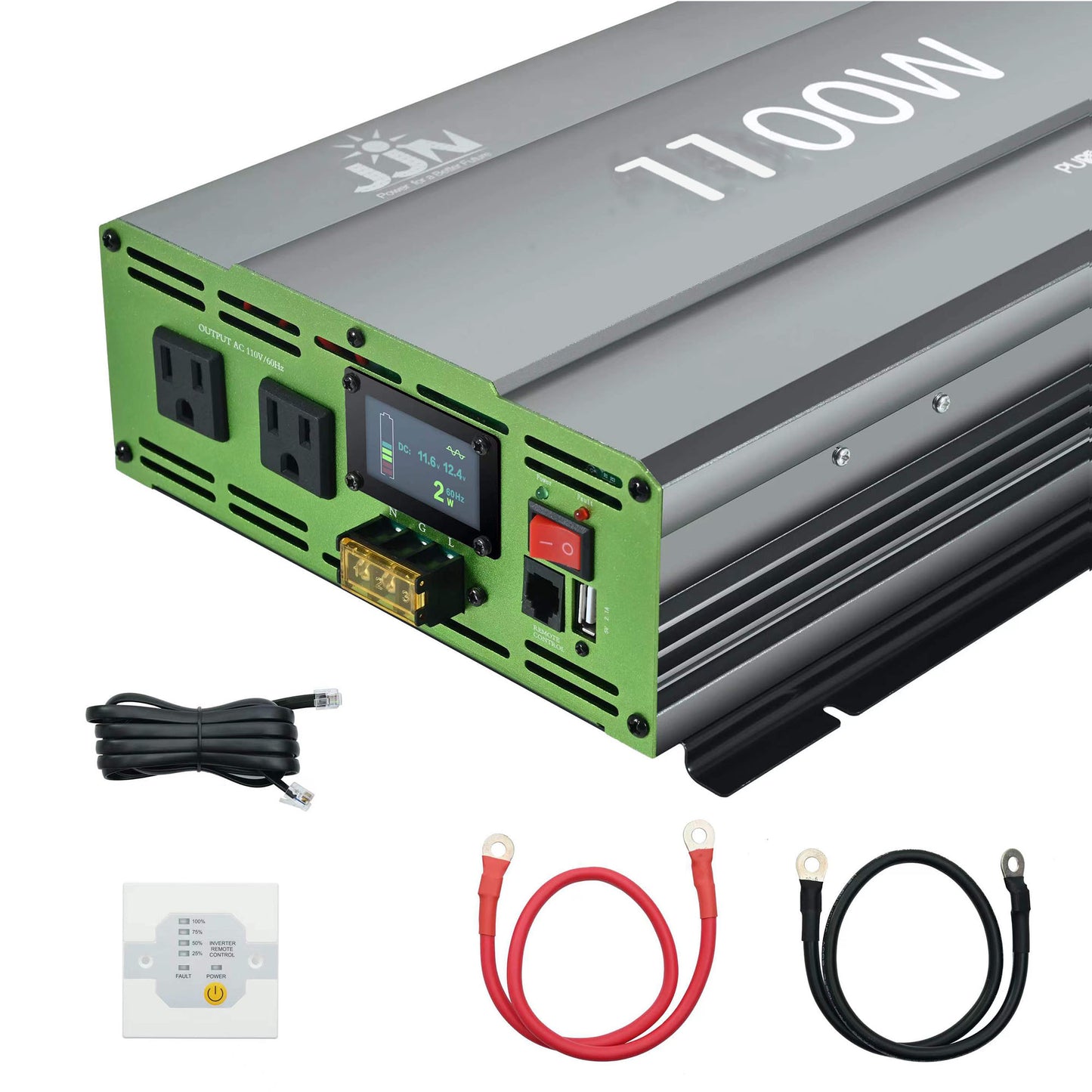 JJN 1100W Pure Sine Wave Inverter DC 12V to AC 110V/120V Convert with LCD Digital Displayer, Wired Remote Controller, Power Inverter for Off-Grid Solar System, RV, Truck, Marine, Home Backup Power