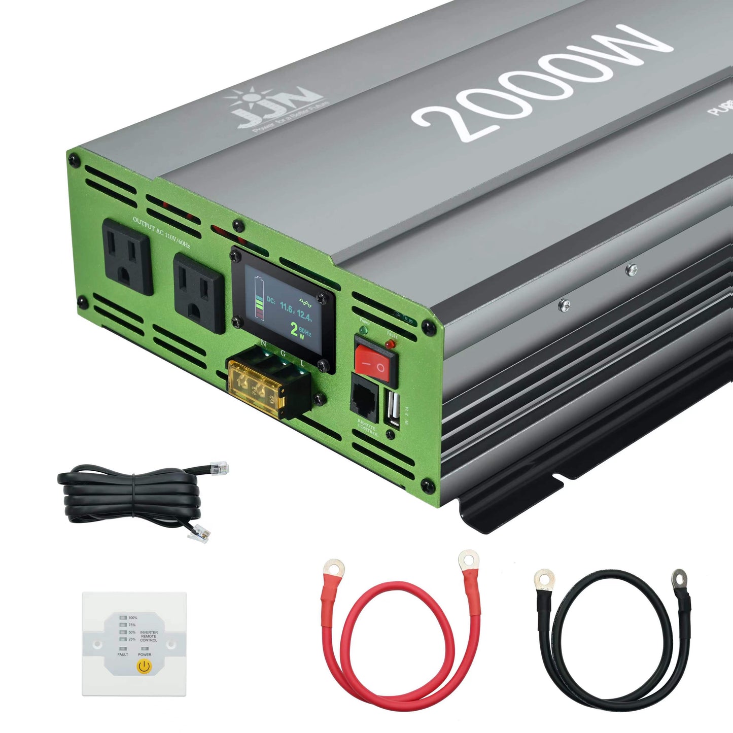 JJN 2000W Pure Sine Wave Inverter DC 12V to AC 110V/120V Convert with LCD Digital Displayer, Wired Remote Controller, Power Inverter for Off-Grid Solar System, RV, Truck, Marine, Home Backup Power