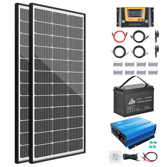 200W 12V Solar Panel Kit for RV, Trailer, Camper, Marine, Off Grid| 2pcs 100W Solar Panel, 30A PWM Solar Charge Controller,100Ah Lithium Battery,1100W Power Inverter