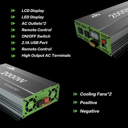 JJN 2000W Pure Sine Wave Inverter DC 12V to AC 110V/120V Convert with LCD Digital Displayer, Wired Remote Controller, Power Inverter for Off-Grid Solar System, RV, Truck, Marine, Home Backup Power