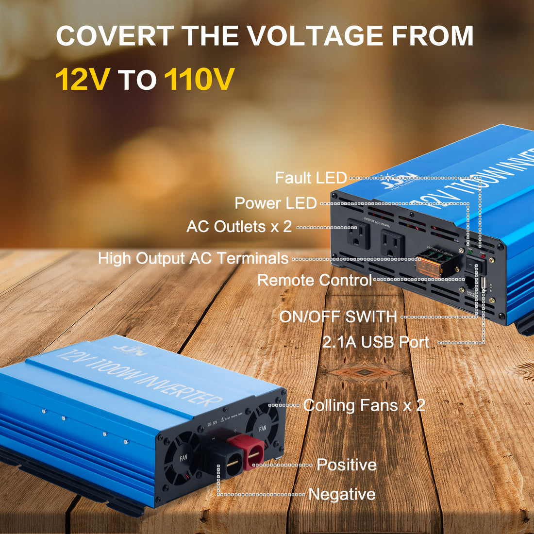 2000 watt Modified Sine Wave Inverter 12V to 110V Converter for Home, RV, Truck, Off-Grid Solar Power Inverter with Built-in 5V/2.1A USB Port, AC Hardwire Port, Remote Controller