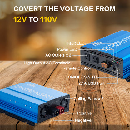 2000 watt Modified Sine Wave Inverter 12V to 110V Converter for Home, RV, Truck, Off-Grid Solar Power Inverter with Built-in 5V/2.1A USB Port, AC Hardwire Port, Remote Controller