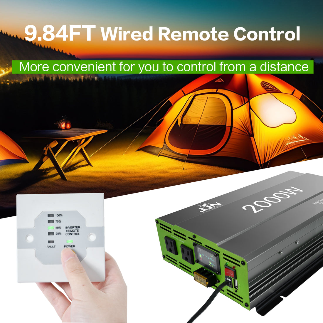 JJN 2000W Pure Sine Wave Inverter DC 12V to AC 110V/120V Convert with LCD Digital Displayer, Wired Remote Controller, Power Inverter for Off-Grid Solar System, RV, Truck, Marine, Home Backup Power