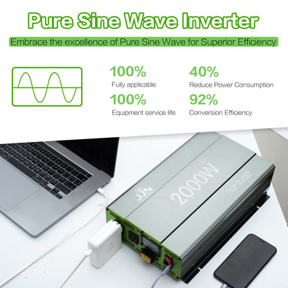JJN 2000W Pure Sine Wave Inverter DC 12V to AC 110V/120V Convert with LCD Digital Displayer, Wired Remote Controller, Power Inverter for Off-Grid Solar System, RV, Truck, Marine, Home Backup Power
