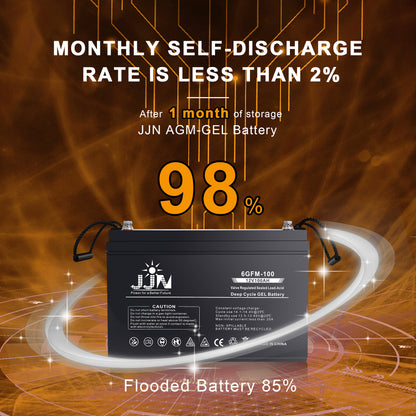 JJN 12V 100AH Deep Cycle Hybrid Gel Battery SLA VRLA Rechargeable AGM-Gel Automotive Batteries for Solar Wind RV Marine Camping UPS Wheelchair Trolling Motor, Maintenance Free