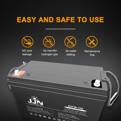 JJN 12V 100AH Deep Cycle Hybrid Gel Battery SLA VRLA Rechargeable AGM-Gel Automotive Batteries for Solar Wind RV Marine Camping UPS Wheelchair Trolling Motor, Maintenance Free