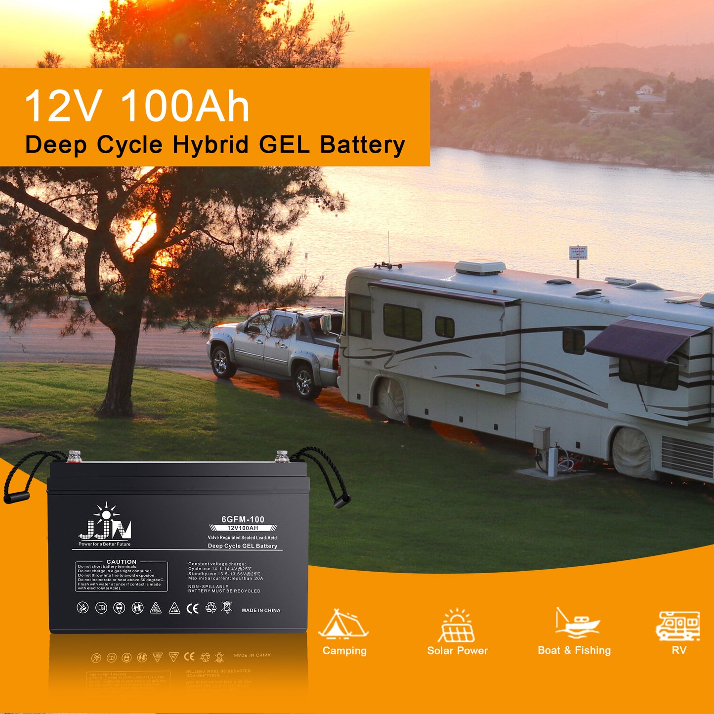 JJN 12V 100AH Deep Cycle Hybrid Gel Battery SLA VRLA Rechargeable AGM-Gel Automotive Batteries for Solar Wind RV Marine Camping UPS Wheelchair Trolling Motor, Maintenance Free