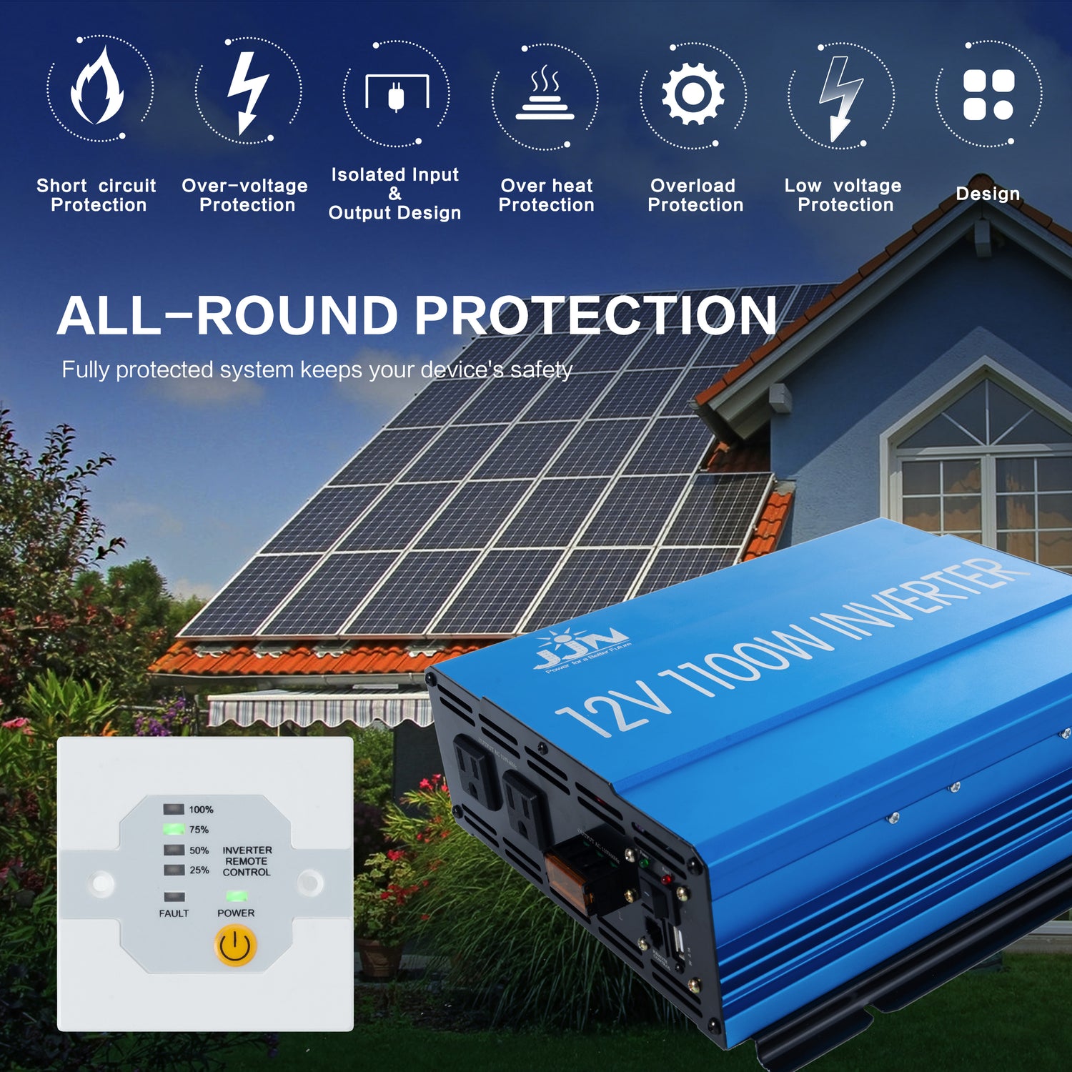 2000 watt Modified Sine Wave Inverter 12V to 110V Converter for Home, RV, Truck, Off-Grid Solar Power Inverter with Built-in 5V/2.1A USB Port, AC Hardwire Port, Remote Controller