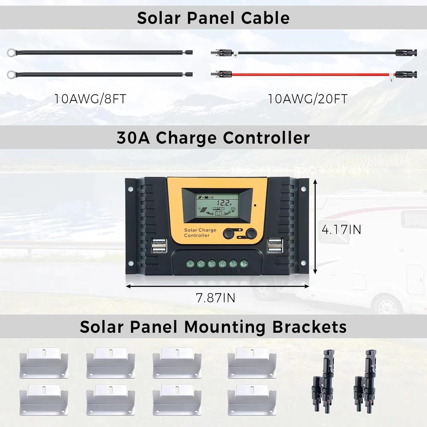 200W 12V Solar Panel Kit for RV, Trailer, Camper, Marine, Off Grid| 2pcs 100W Solar Panel, 30A PWM Solar Charge Controller,100Ah Lithium Battery,1100W Power Inverter