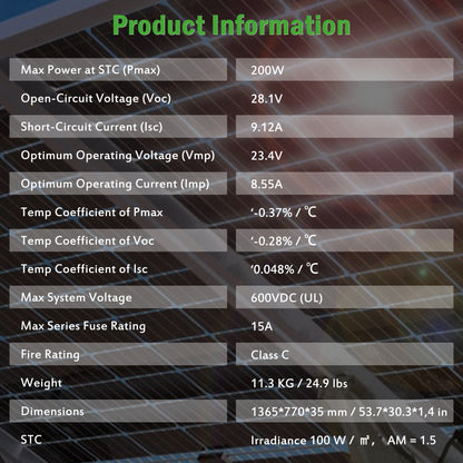 12V 200 Watt Bifacial  Solar Panel 10BB Mono High Efficiency Solar Panels