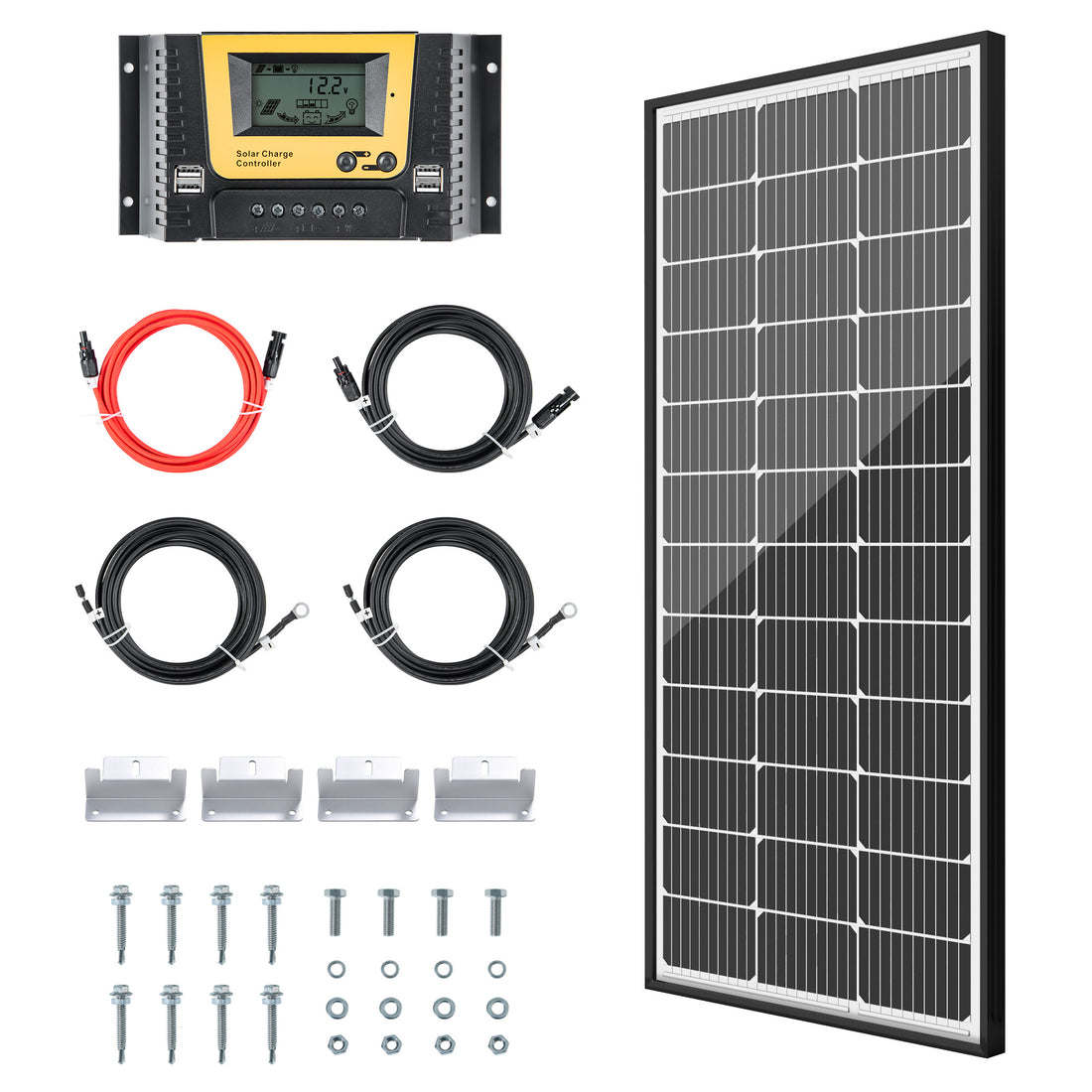 JJN 12 Volt 100 Watts Solar Panel Kit with High Efficiency 9BB Half-Cut Mono Solar Panel 20A PWM Charge Controller Mounting Brackets Cables for RV Camper Marine Boat Off Grid System