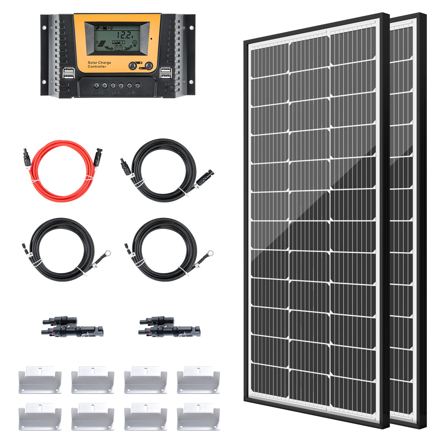 JJN 200 Watt Solar Panel Kit 2 Pcs 100W 12V Monocrystalline Solar Panels with 30A PWM Charge Controller 2 Pair Solar Panel Cables Connectors Brackets for RV Boats Trailer Marine Off-Grid System