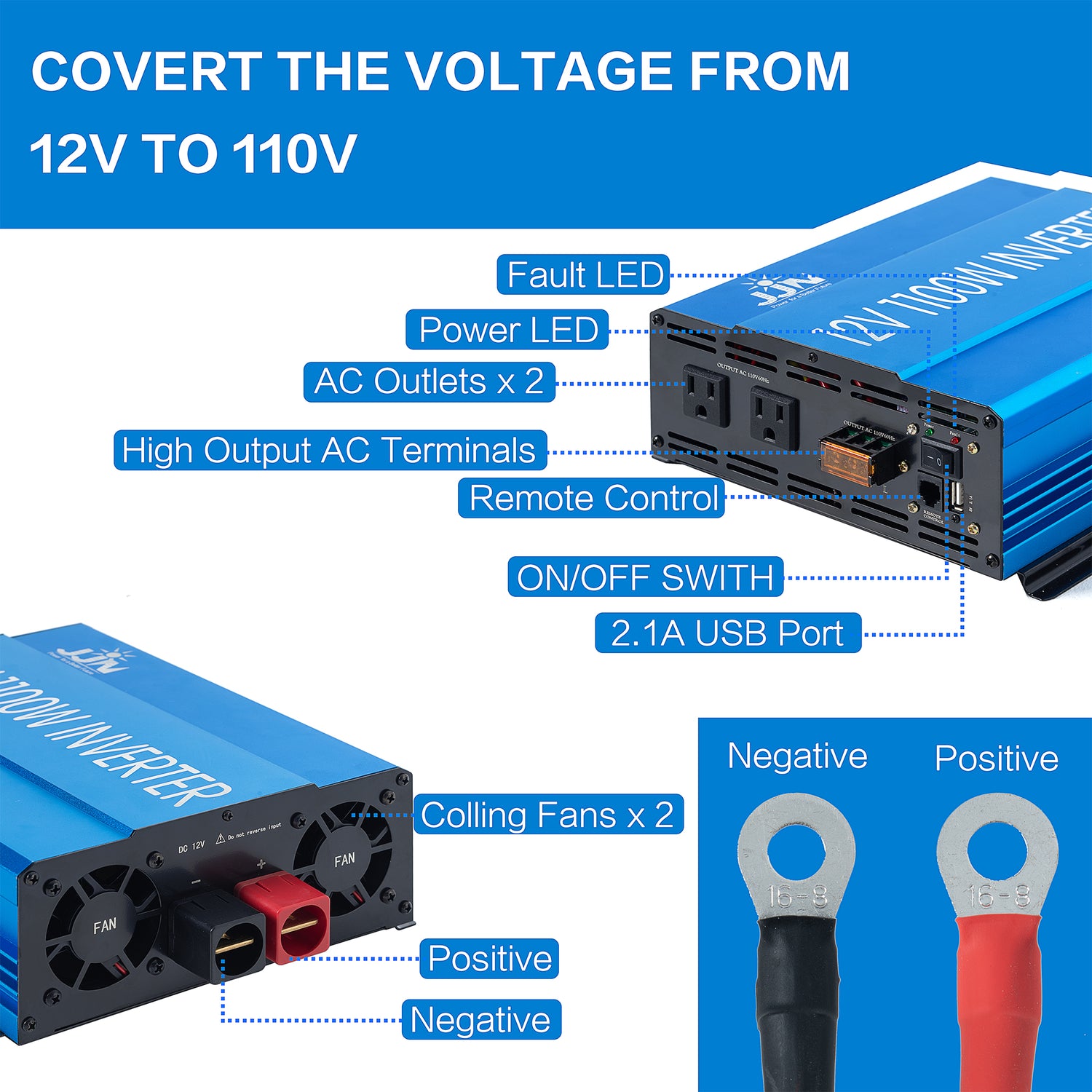 JJN Power Inverter, 1100 Watt Modified Sine Wave Inverter