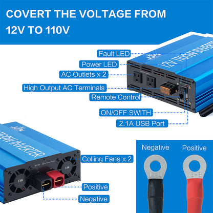JJN Power Inverter, 1100 Watt Modified Sine Wave Inverter