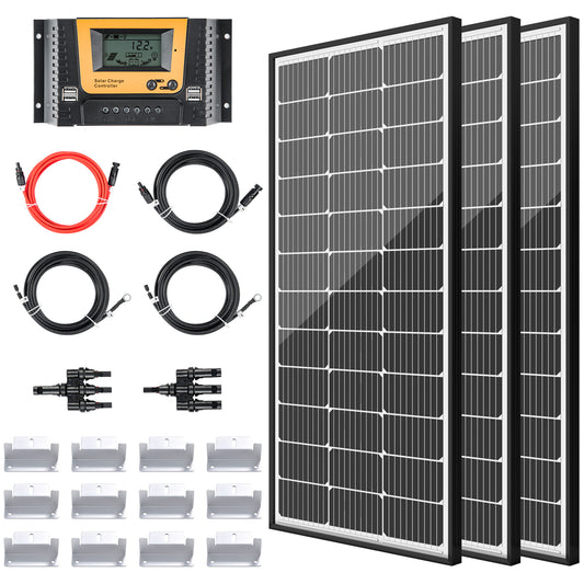 JJN Solar Panel Kit 300 Watts 12 Volt Monocrystalline Solar Panels with 40A PWM Charge Controller 2 Pair Solar Paanel Cables 3 Set Z Brackets 4 Way Connector for RV Camper Marine Boat Off Grid System