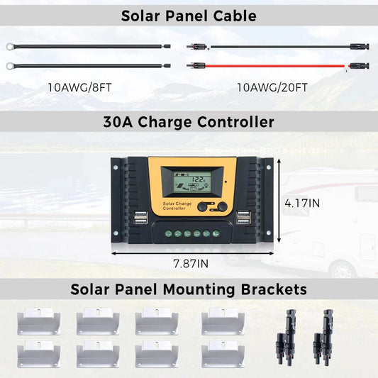 JJN 200 Watt Solar Panel Kit 2 Pcs 100W 12V Monocrystalline Solar Panels with 30A PWM Charge Controller 2 Pair Solar Panel Cables Connectors Brackets for RV Boats Trailer Marine Off-Grid System