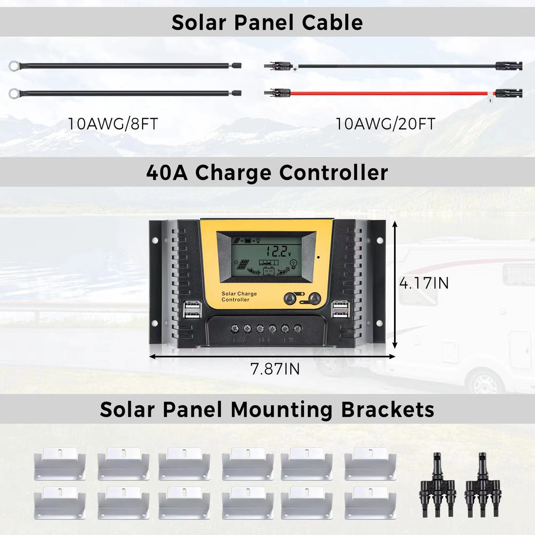 JJN Solar Panel Kit 300 Watts 12 Volt Monocrystalline Solar Panels with 40A PWM Charge Controller 2 Pair Solar Paanel Cables 3 Set Z Brackets 4 Way Connector for RV Camper Marine Boat Off Grid System