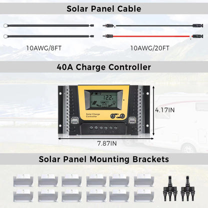 JJN Solar Panel Kit 300 Watts 12 Volt Monocrystalline Solar Panels with 40A PWM Charge Controller 2 Pair Solar Paanel Cables 3 Set Z Brackets 4 Way Connector for RV Camper Marine Boat Off Grid System